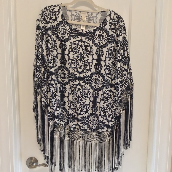 Chico's White and Black Poncho with Fringe - Size S/M - Picture 1 of 5